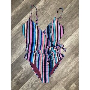 Y2K Style Swim Bathing Suit M Striped One Piece Rainbow V-Neck Coastal Beach